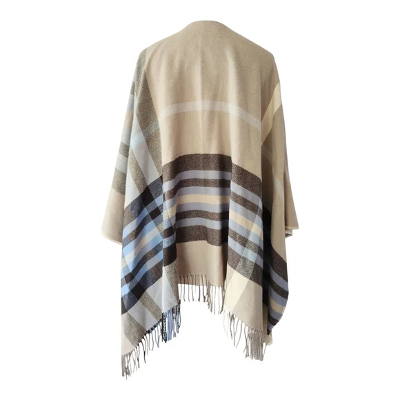 Plaid Woven Acrylic Ruana Poncho Blanket Wrap Fringe Kimono OS - Picture 4 of 7